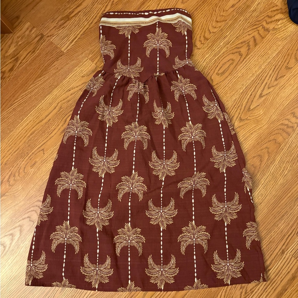 Burgundy Strapless Dress with Palm Print